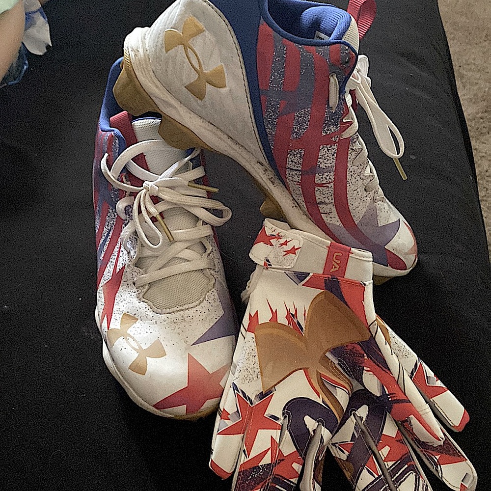 Youth football cleats with matching gloves